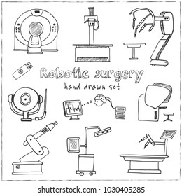 Robotic surgery hand drawn doodle set. Sketches. Vector illustration for design and packages product. Symbol collection.