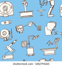 Robotic surgery hand drawn doodle seamless pattern. Sketches. Vector illustration for design and packages product. Symbol collection.