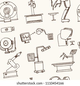 Robotic surgery hand drawn doodle seamless pattern. Sketches. Vector illustration for design and packages product. Symbol collection.