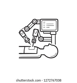 Robotic Surgery Hand Drawn Outline Doodle Icon. Robot Surgeon, Modern Medical Technologies, Innovation Concept. Vector Sketch Illustration For Print, Web, Mobile And Infographics On White Background.