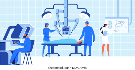 Robotic Surgery Health Care Concept Banner Vector Illustration. Patient Laying On Operating Table, Arms Of Robot, And Male Doctor Monitoring And Assisting With Controllers. Modern Operation.