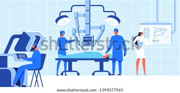 ロボット手術のヘルスケアコンセプトバナーベクターイラスト 手術 台 ロボットの腕 男性医師の監視と補助を担当する患者 現代的な操作 のベクター画像素材 ロイヤリティフリー