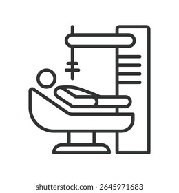 Cirurgia robótica, ícone em desenho de linha. Cirurgia-robô, cirurgia assistida por robôs, medicina-robótica, braço robótico, cirurgia de alta tecnologia no vetor de fundo branco. Cirurgia robótica, ícone de traçado editável