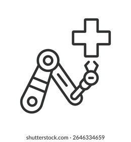 Cirurgia robótica, ícone em desenho de linha. Robô médico, automação cirúrgica, braços robóticos, minimamente invasivo no vetor de fundo branco. Cirurgia robótica, ícone de traçado editável