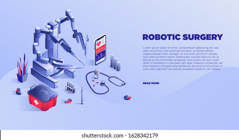 Robotic Surgery Icons Set, Surgeon Robot, Medical Technology, Computer-assisted Surgery Concept. Isometric Vector