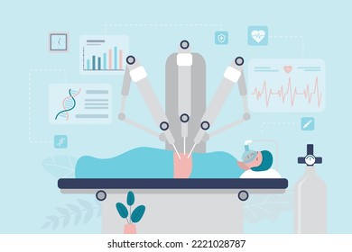 Roboterchirurgie, innovative Technologie. Chirurgischer Doktorroboter für die Bedienung von Menschen, biomedizinische Robotermaschinenerfassung. Gesundheitsversorgung, medizinische Ausrüstung. Vektorgrafik.