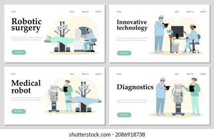 Robotic Surgery And Innovative Medical Technologies Web Banners Set, Flat Cartoon Vector Illustration. Advanced Innovative Technologies In Medicine Concept Of Webpages.