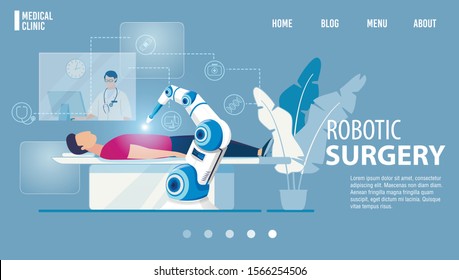 Robotic Surgery Innovative Medicine Flat Landing Page. Modern Medical Technologies. Cartoon Robot Arm Manipulating With OR Patient Under Surgeon Control. Innovative Medicine. Vector Illustration