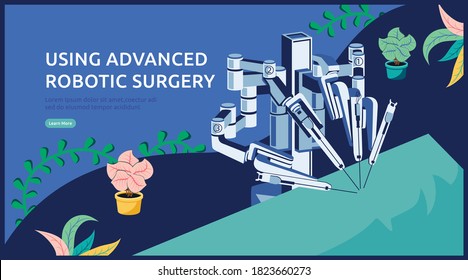 Robotic Surgery Innovative Medicine Flat Landing Page. Modern Medical Technologies. Cartoon Robot Arm Manipulating with OR Patient under Surgeon Control. Innovative Medicine. Vector Illustration.