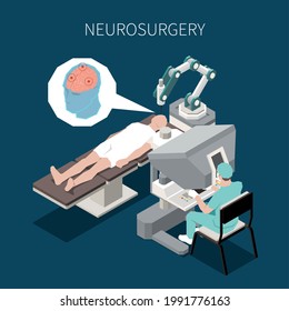 Robotic Surgery Isometric Composition With Neurosurgery Operation Symbols Vector Illustration