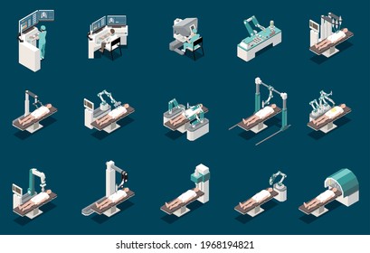 Robotic surgery isometric icons set with medical symbols isolated vector illustration