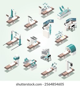 Robotic surgery isometric icons set with medical symbols isolated vector illustration