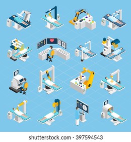 Robotic surgery isometric icons set with  surgeons patients and medical robots with widescreen touch screen and touch control isolated vector illustration