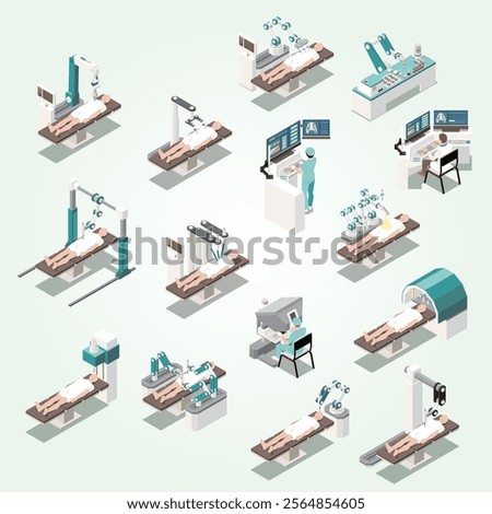 Robotic surgery isometric icons set with medical symbols isolated vector illustration