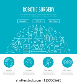 Robotic surgery landing page template in linear style. Robotic assisted surgery future linear template design on blue. Vector illustration