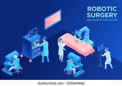 Robotic surgery operating, smart surgical robotic technology, isometric 3d vector illustration with ai and robot in medical treatment, artificial intelligence in healthcare