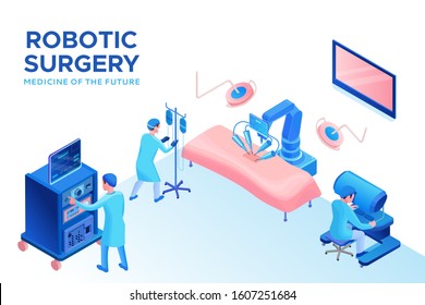 Robotic surgery operating, smart surgical robotic technology, isometric 3d vector illustration with ai and robot in medical treatment, artificial intelligence in healthcare