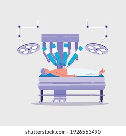 Robotic Surgery - Robot Surgeon Machine Operating On Cartoon Man Lying On Hospital Table. Futuristic Modern Medical Equipment - Flat Isolated Vector Illustration.