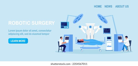 Robotic surgery. Surgeon controlling, manipulating robot arm. Innovative medicine. Medical staff performing operation on patient with help of robotic, automated equipment. Innovation surgical process