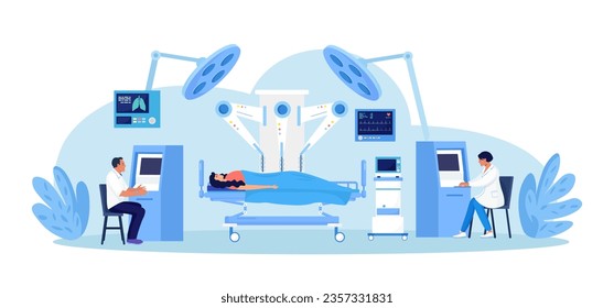 Roboterchirurgie. Chirurgen, die den Roboterarm kontrollieren, manipulieren. Innovative Medizin. Medizinisches Personal, das mithilfe von robotischen, automatisierten Geräten operiert. Innovationchirurgischer Prozess