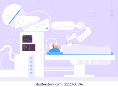 Robotic Surgery. Surgical Doctor Robot For Operating People, Biomedical Robotics Machine Surgeon Device Treatment Health, Medical Operation Equipment, Vector Illustration. Robotic Doctor Surgery