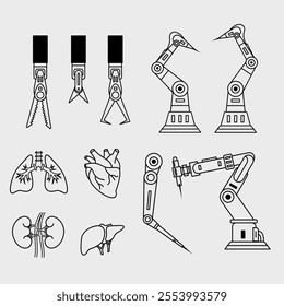 Robotic surgery tool technology illustration. Outline stroke vector illustration icon of robot assisted surgery equipment collection.