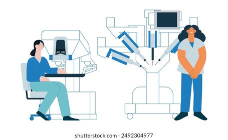 Robotic Surgical Assisted System. Medical Equipment. Female Medical Specialist and Nurse. Modern Flat Vector Illustration. Landing Page Design Template. Website Banner.