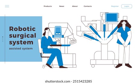 Sistema Robotizado Assistido Por Cirurgia. Equipamento Médico. Especialista Médica Feminina e Enfermeira. Ilustração moderna do vetor plano preto e branco. Modelo de design de página de aterrissagem. Banner do site.