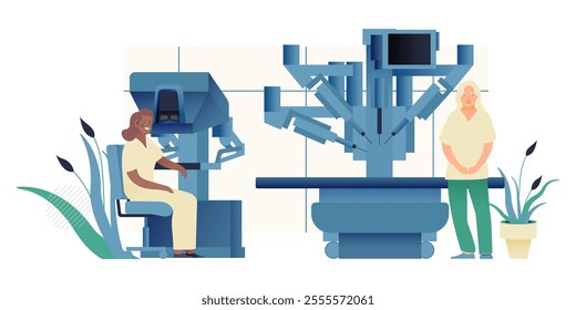 Robotic Surgical Assisted System. Medical Equipment. Female Medical Specialist and Nurse in Laboratory. Modern Flat Vector Illustration. Landing Page Design Template. Website Banner.