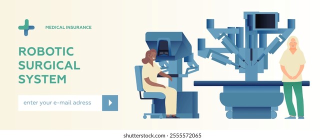 Robotic Surgical Assisted System. Medical Equipment. Female Medical Specialist and Nurse in Laboratory. Modern Flat Vector Illustration. Landing Page Design Template. Website Banner.