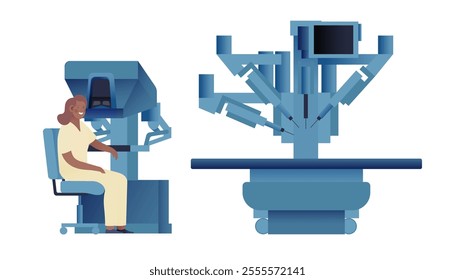 Robotic Surgical Assisted System. Medical Equipment. Female Medical Specialist. Modern Flat Vector Illustration.