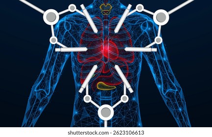 Robotic surgical system, heart surgery. The internal organs of the human chest. Polygonal design of lines and dots.