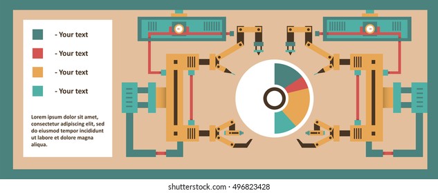 Robotic system, advanced technology, info graphics. The manufacturing process for the text template. Vector illustration. Flat style