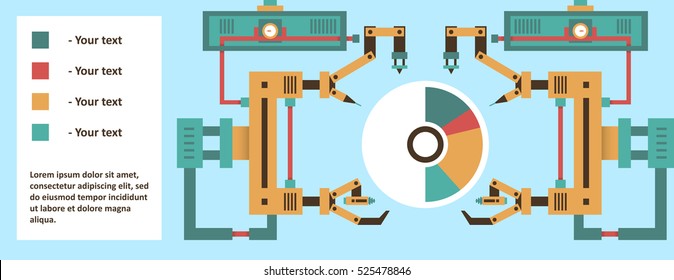 Robotic system, advanced technology, information graphics. The production process. The future development. Computer, electronics, wires, robot arm, laser tentacles. Vector illustration.