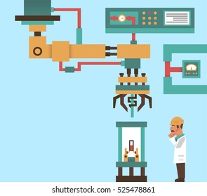 Robotic system, advanced technology, information graphics. Engineer, Professor at work. The production process. Computer, electronics, wires, robot arm, laser tentacles. Vector illustration.