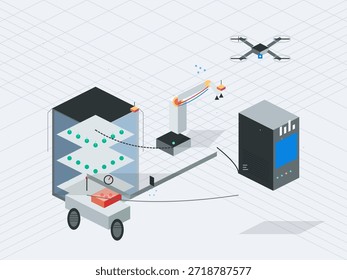 Um sistema robótico carrega pacotes em um drone para entrega. A configuração mostra um ambiente de depósito com máquinas e unidades de armazenamento. Esta cena retrata a logística automatizada moderna.