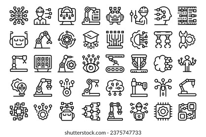 Robotic systems engineer icons set outline vector. Software coding. Computer brain idea