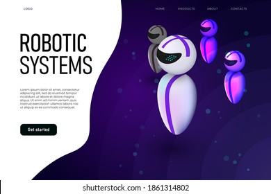 Robotic systems landing page concept with levitating robots. Android flying