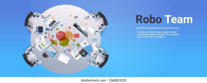 Robotic Team Meeting Analyzing Financial Chart Data Robots Working At Computers Sitting At Desk Teamwork Artificial Intelligence Concept Top Angle View Horizontal Copy Space