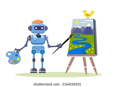 Robotic technologies in art, graphic design and creative. Positive robot standing and drawing artwork picture landscape with brush. Flat vector illustration