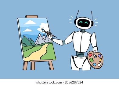 Robotic technologies in hobbies concept. Positive robot standing and drawing artwork picture landscape with brush vector illustration 