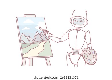 Tecnologias robóticas no conceito de hobbies. Robô positivo em pé e desenho arte imagem paisagem com pincel vetor ilustração