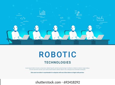 Robotic technologies for online assistance and machine learning. Flat vector illustration of group of robots coding or developing project. Robots at workdesk working with laptop for various functions