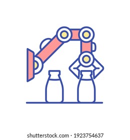Robotic technology for dairy industry RGB color icon. Milk drink bottles distribution. Automated machinery. Factory production. Agribusiness equipment. Isolated vector illustration