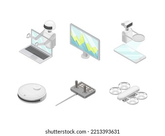 Robotic Technology with Electronic Equipment and Artificial Intelligence Like Robot, Smartphone, Computer and Drone Isometric Vector Set