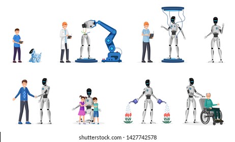 Robotic technology flat vector illustrations set. Cyborgs, adults and children cartoon characters. Futuristic technology in everyday life, kid plays with artificial dog, droid gardener, babysitter