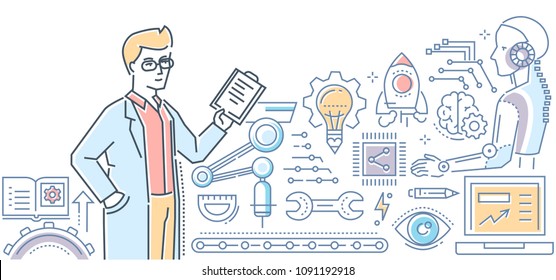 Robotic technology - line design style colorful illustration on white background. Colorful composition with a young scientist holding a file. Images of lightbulb, rocket, robot, brain, gears, eye