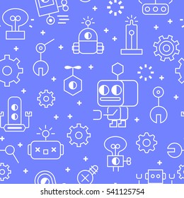La tecnología robótica delinea un patrón sin fisuras en estilo moderno para el Sitio web o la ilustración impresa. Diseño lineal, estilo de dibujos animados.