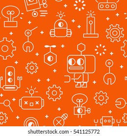 Robotic technology outline seamless pattern in  modern style for website or print illustration. Linear design, cartoon style.
