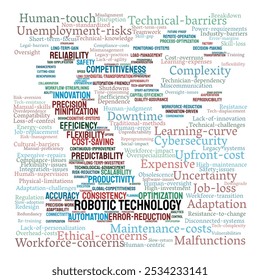 Robotic Technology Word Cloud. Collection of Words Discussing the Use of Automation in Manual Labor. Key Concepts for Technology Adoption in Industry. Isolated White Background.